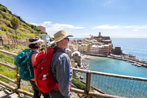 Hikers enjoying the stunning views along the beautiful Italian coast, surrounded by crystal-clear waters and vibrant scenery.